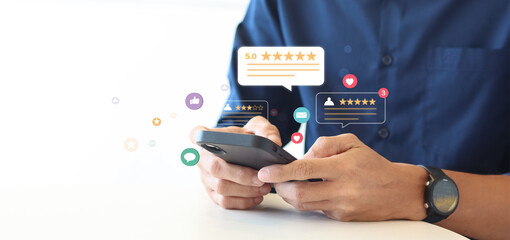 Businessman evaluate Service Quality for Business Rating. Five stars customer product rating review flat icon for apps and websites.