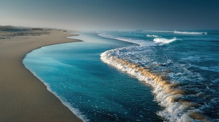 Smooth sandy beach with abstract waves, soft morning light, minimalist serenity