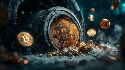 A giant cracked vault with uncontrolled spilling of digital currency symbolizing the financial insecurity and instability in the rapidly evolving digital economy and crypto based financial landscape
