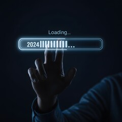Hand Interacting with 2024 Loading Progress Bar on Dark Background