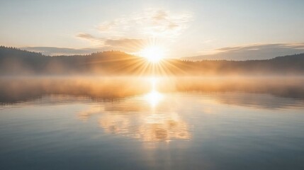 Fototapeta premium Luminous Sunrise Over Misty Lake Reflecting Sunlight on Calm Water Surface Landscape