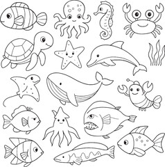 seamless pattern with fishes, fish vectors, dolphin, turtle, starfish, octopus, jellyfish, sea creatures, marine life, editable stroke