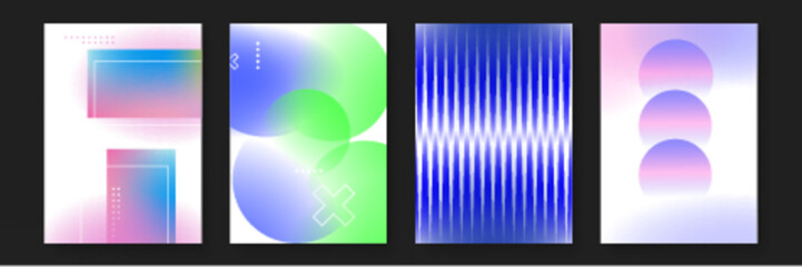 Fototapeta premium Four cards featuring modern geometric designs in colorful gradients. Perfect for business presentations, educational materials, web graphics, and social media.