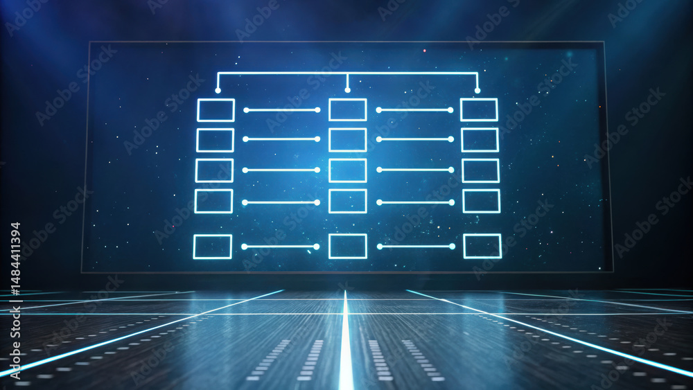 Poster digital flowchart with interconnected boxes representing data or process diagram futuristic