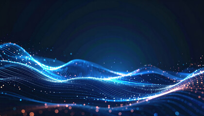 Digital wave of glowing particles and lines flowing across dark background, creating futuristic