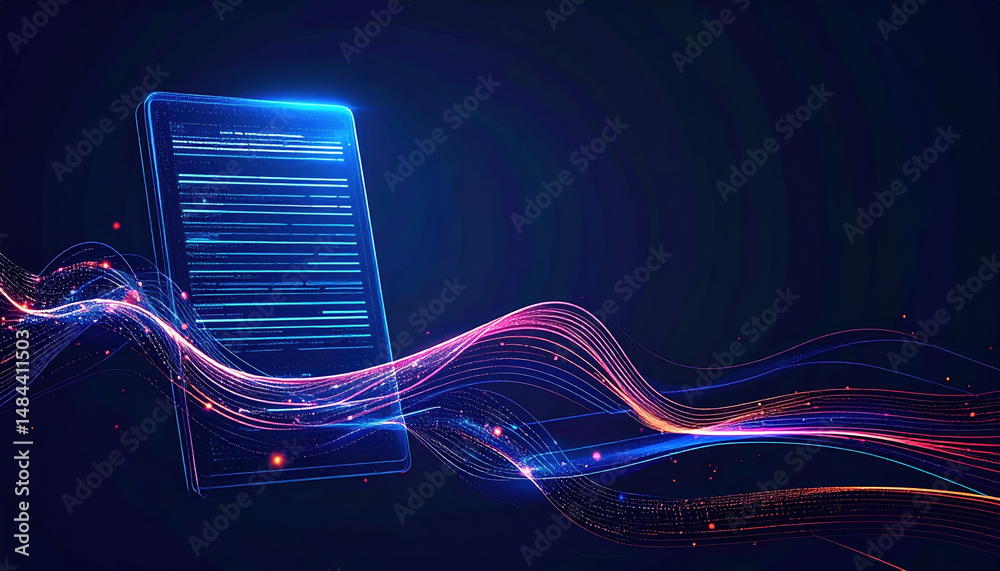 Poster digital holographic display of smartphone with flowing light lines and data streams