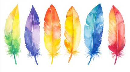 colourful rainbow watercolour feathers set isolated on white background