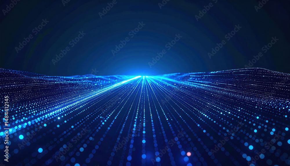 Poster digital data stream visualization with glowing blue dots and lines representing technology