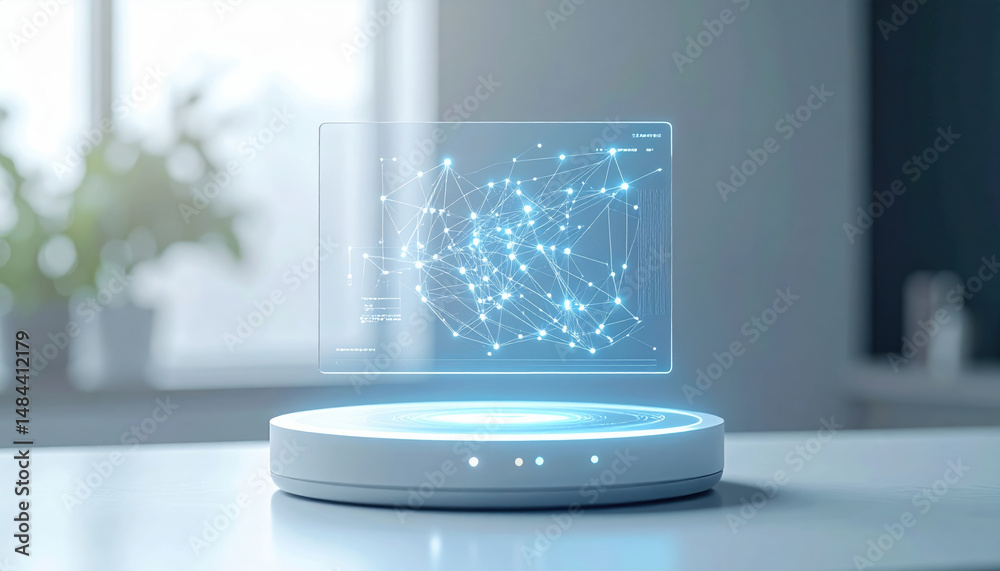 Poster futuristic holographic display projecting network of interconnected nodes and lines