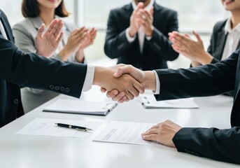 Fototapeta premium Business people shaking hands after a successful deal with colleagues applauding