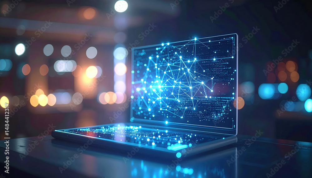 Aufkleber digital holographic display projecting data and network connections with glowing nodes and lines