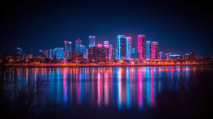 Fototapeta premium vibrant city skyline illuminated with colorful lights reflecting on water