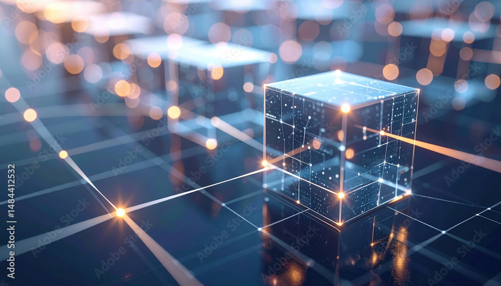 Poster digital network of interconnected cubes with glowing points and lines, representing technology