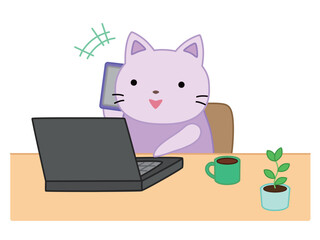 リモートワーク中にスマホで通話をするネコ　主線あり