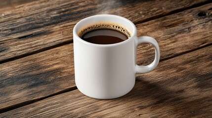 Steaming coffee in white mug on rustic wood