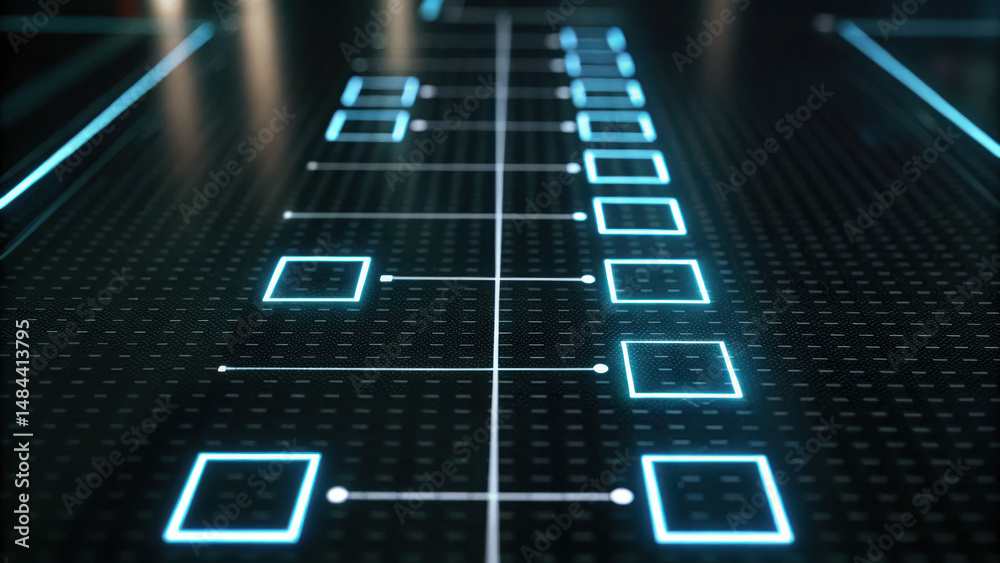 Poster digital interface with glowing squares and lines representing task flow or data connection