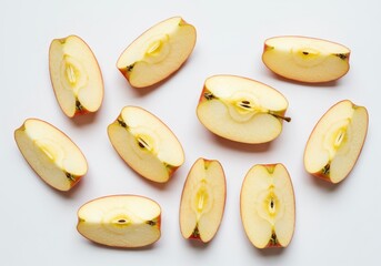 Close up of sliced red apples arranged on a white surface in a studio setting