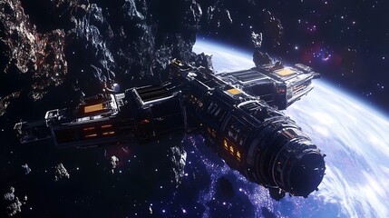 Spaceship in space near asteroid field