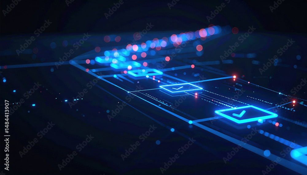 Poster digital task flow with glowing checkboxes and data lines dark background, representing