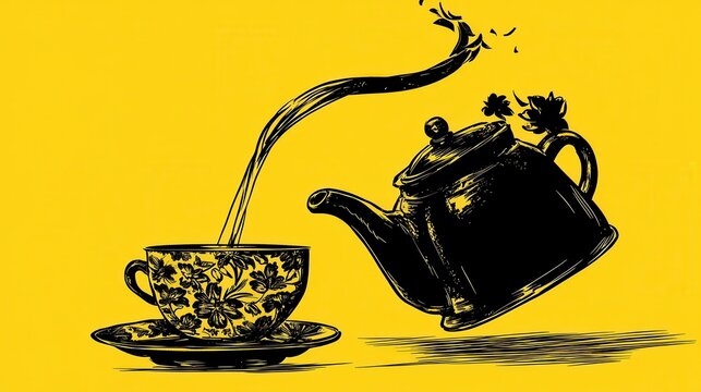 Vintage teacup illustration with pouring tea and teapot on yello