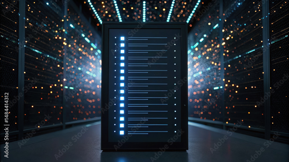 Poster digital data server data center with glowing lights and futuristic design. server displays list