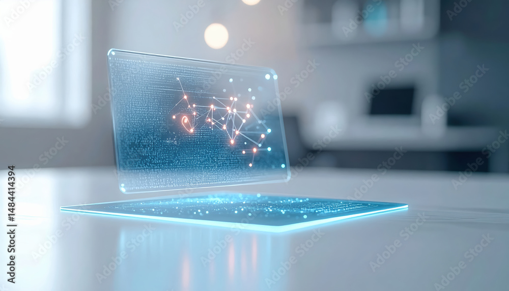 Poster futuristic digital hologram of laptop with interconnected nodes and data visualization floating