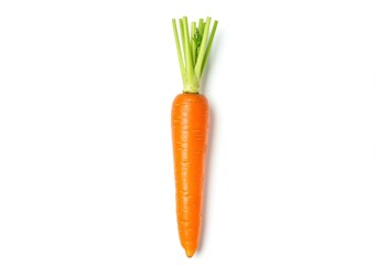 A single orange carrot with green leaves is lying on a plain white background