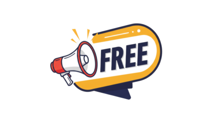Free badge with megaphone PNG – eye-catching marketing label with loudspeaker icon and bold "Free" text – transparent background for ads, promotions, and digital campaigns