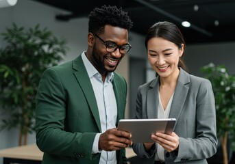 Two business colleagues are working together looking at a tablet in the office environment