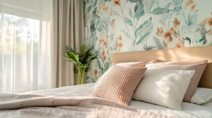 Modern bedroom with textured wallpaper with pattern of leaves