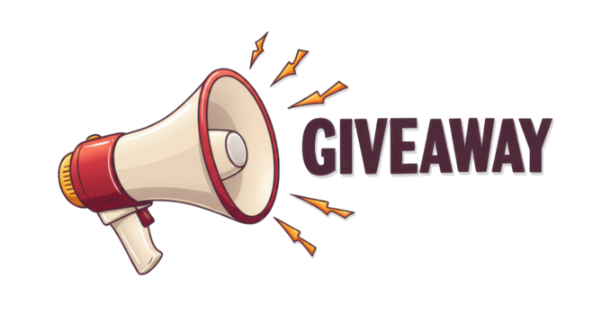 Giveaway badge with megaphone PNG – bold promotional label featuring loudspeaker icon and vibrant text – transparent background – ideal for marketing campaigns, contests, and announcements