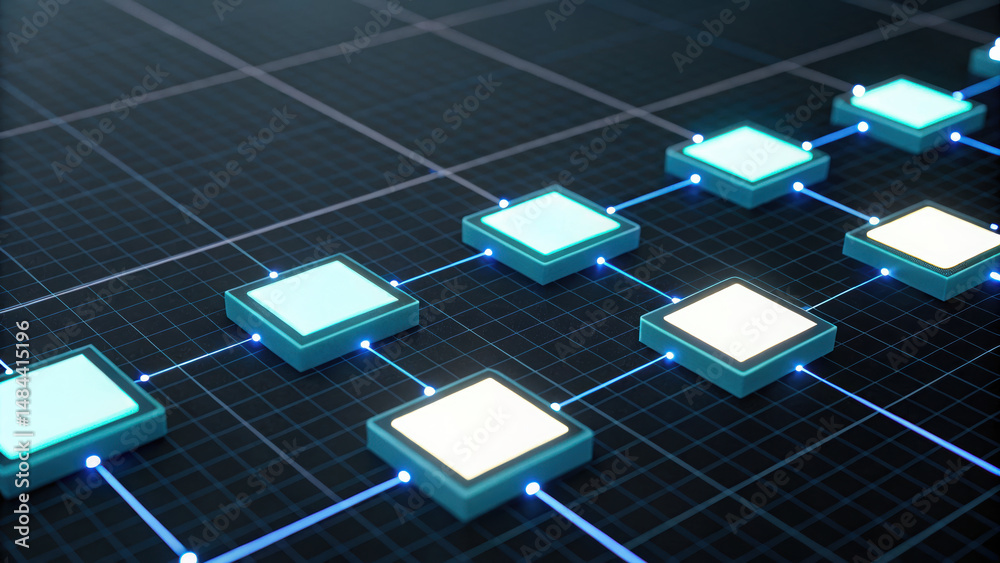 Poster digital blockchain network with interconnected glowing nodes dark grid background, representing
