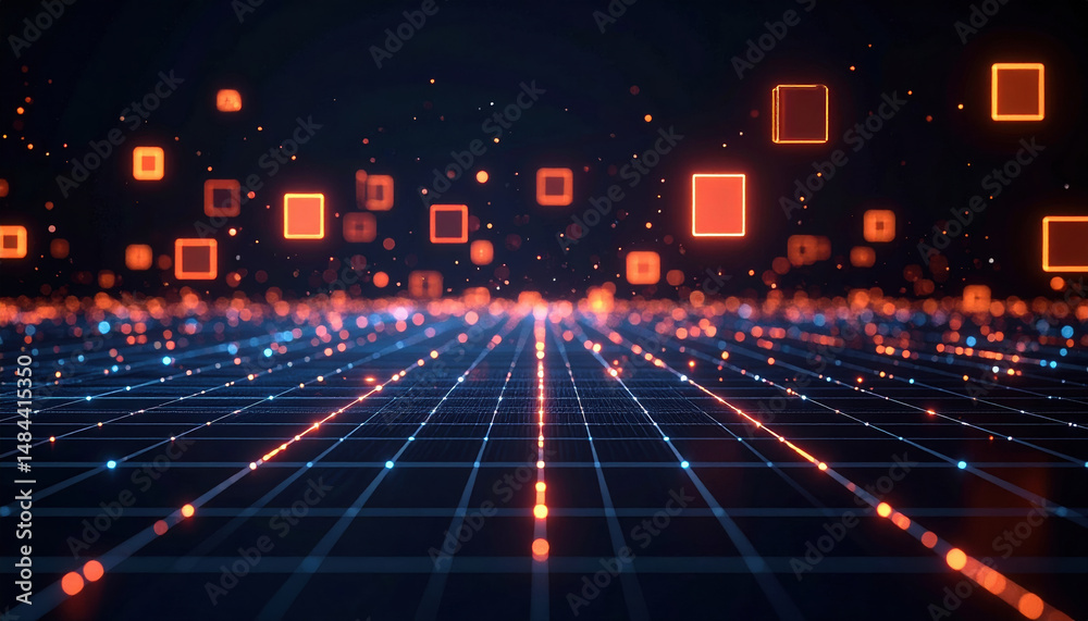 Poster animated floating rectangles representing enterprise operations lighting up in sync w