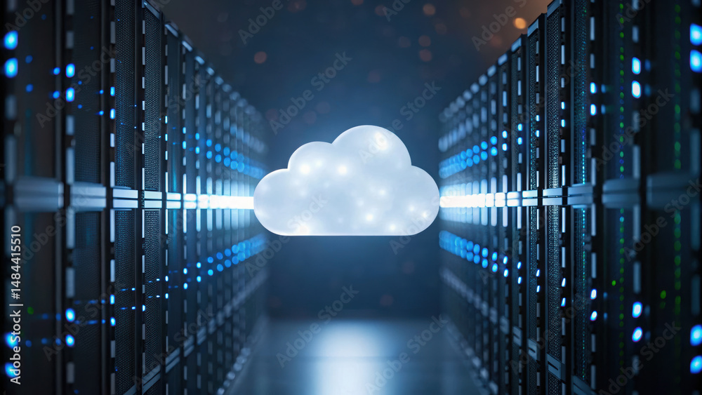 Poster image shows cloud icon floating between server racks data center, symbolizing cloud computing