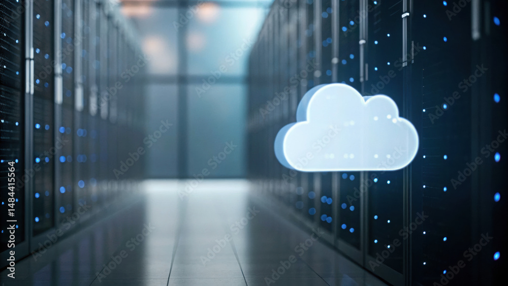 Poster digital cloud icon floating data center with server racks, representing cloud computing and data