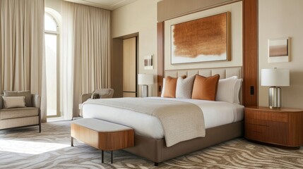 Contemporary bedroom with wood bed frame and elegant headboard