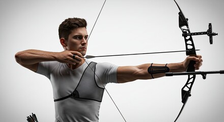 Archer aiming arrow with modern bow and concentrated focus in studio