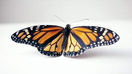 Naklejka premium Butterfly landing moment monarch butterfly gracefully touching down soft natural lighting enhancing wing symmetry on a white surface overlay cut out on isolated transparent removed background