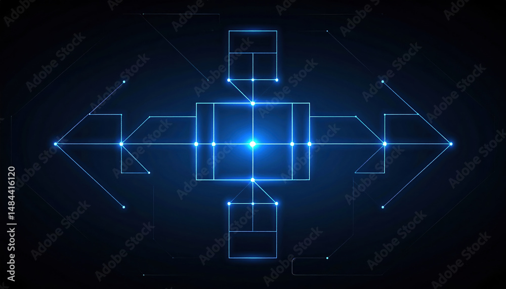 Poster glowing geometric lines forming ai powered flowchart over deep black gradient background