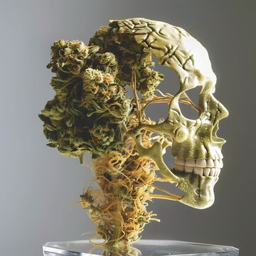 A model skull is adorned with a medical cannabis plant, its roots and branches intricately intertwined with the skull's structure, creating a surreal and macabre effect.