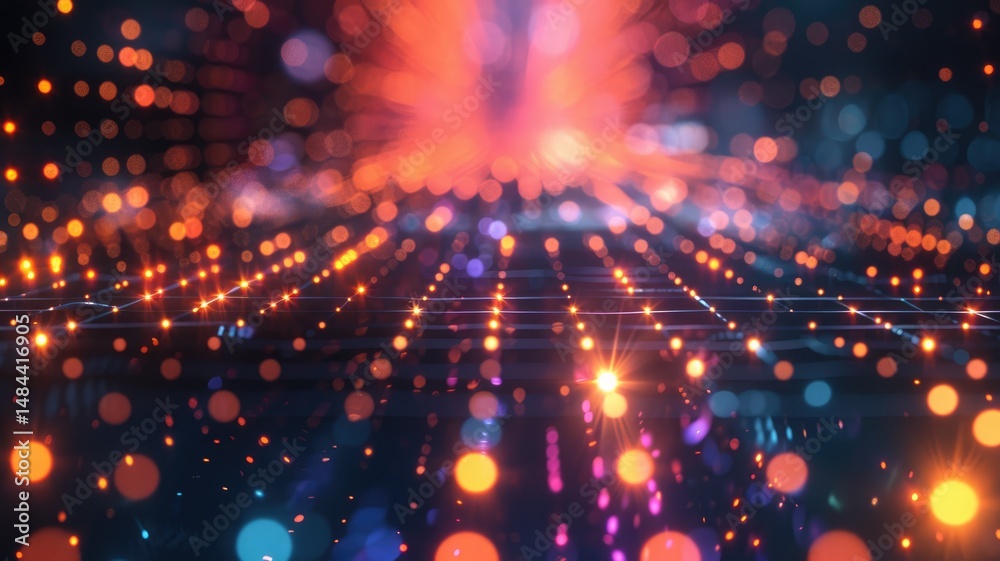 Poster abstract picture of neon light particle with digital technology style design connecting become dynam