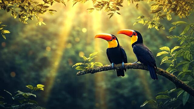 Two toucans perched on a branch in a sun-dappled rainforest