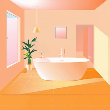A modern bathroom with a warm orange color scheme, featuring a freestanding tub, potted plant, and graphic design elements, including a rectangular mirror and small light fixture.