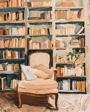 A serene home library features a vintage armchair, bookshelf filled with books, and a potted plant.