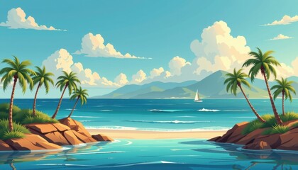 Obraz premium Beautiful colorful background for summer beach concept. Serene beach scene with palm trees and a sailboat under a bright sky.