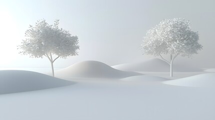 Fototapeta premium Serene Winter Landscape with White Trees and Soft Rolling Hills in Misty Atmosphere