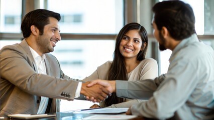 Bank Manager Handshakes Happy Couple After Successful Mortgage Approval