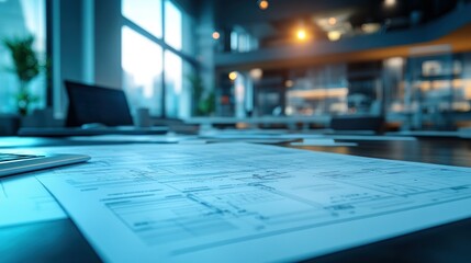 Modern office workspace with blueprints