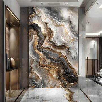 A luxurious, modern room features a textured wall with swirling gray, white, and gold patterns, mirrored by a polished floor and accented with a metallic door and gold sculpture.