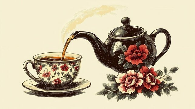 Vintage teapot and teacup pouring illustration floral design ret